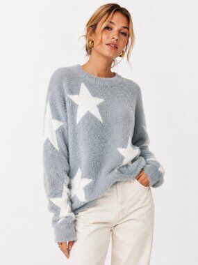 Cliche Fuzzy Eyelash Knit Star Sweater Light Dusty Blue Gray Wool Blend Medium
